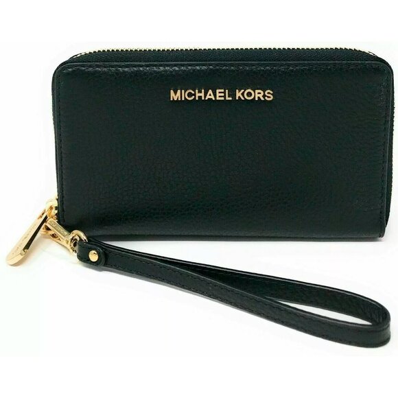 S Michael Kors Jet Set Travel Phone Case Wallet Wristlet Black Leather / Gold FS - Picture 1 of 8